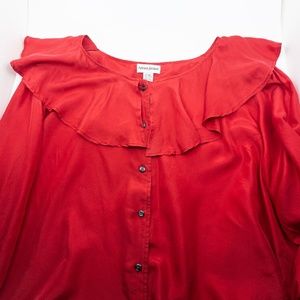 Red Silk Blouse with Ruffle Collar And Cuff